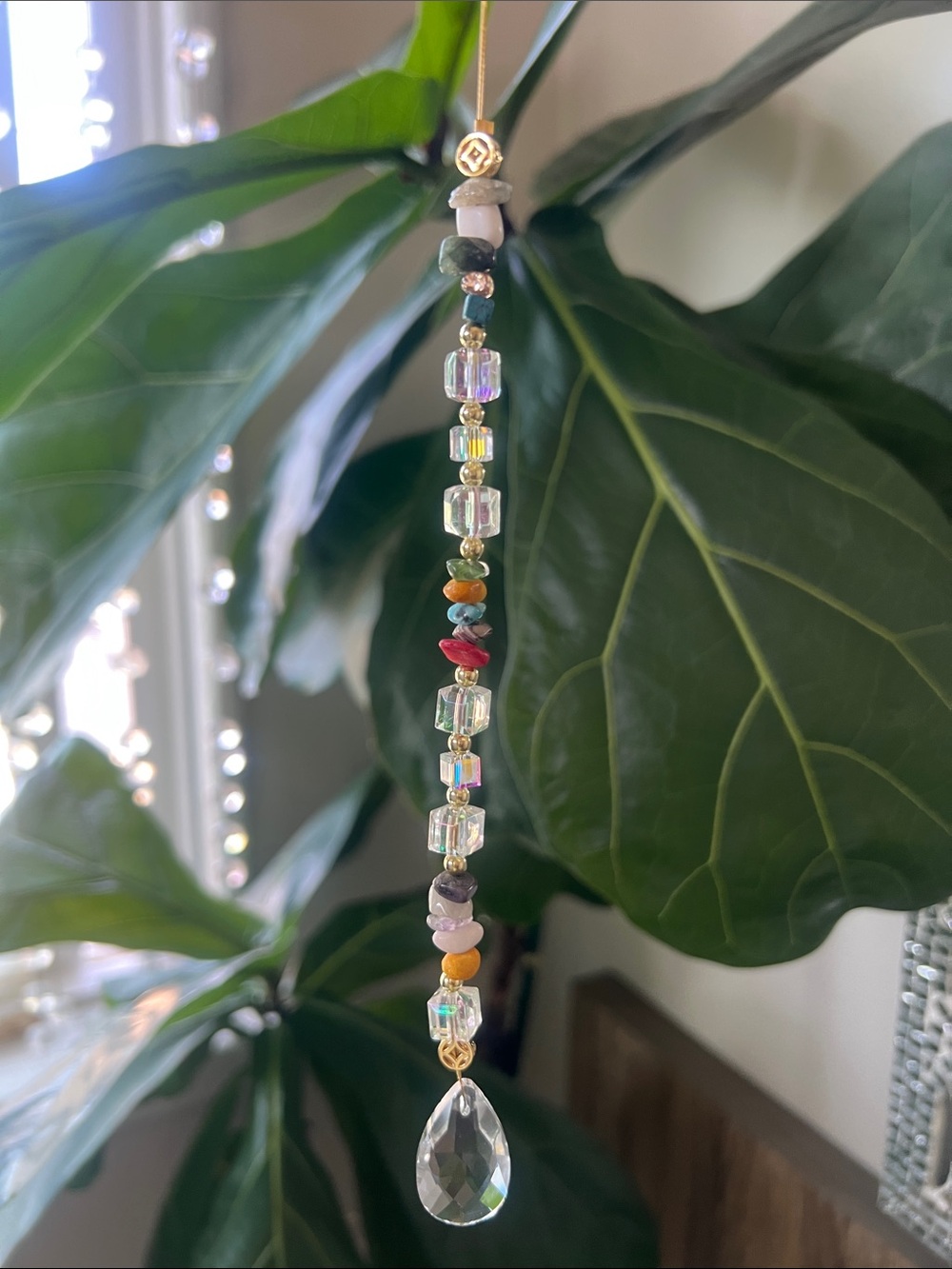 Multicolor Gemstone and Crystal Drop Suncatcher - Gold Accents